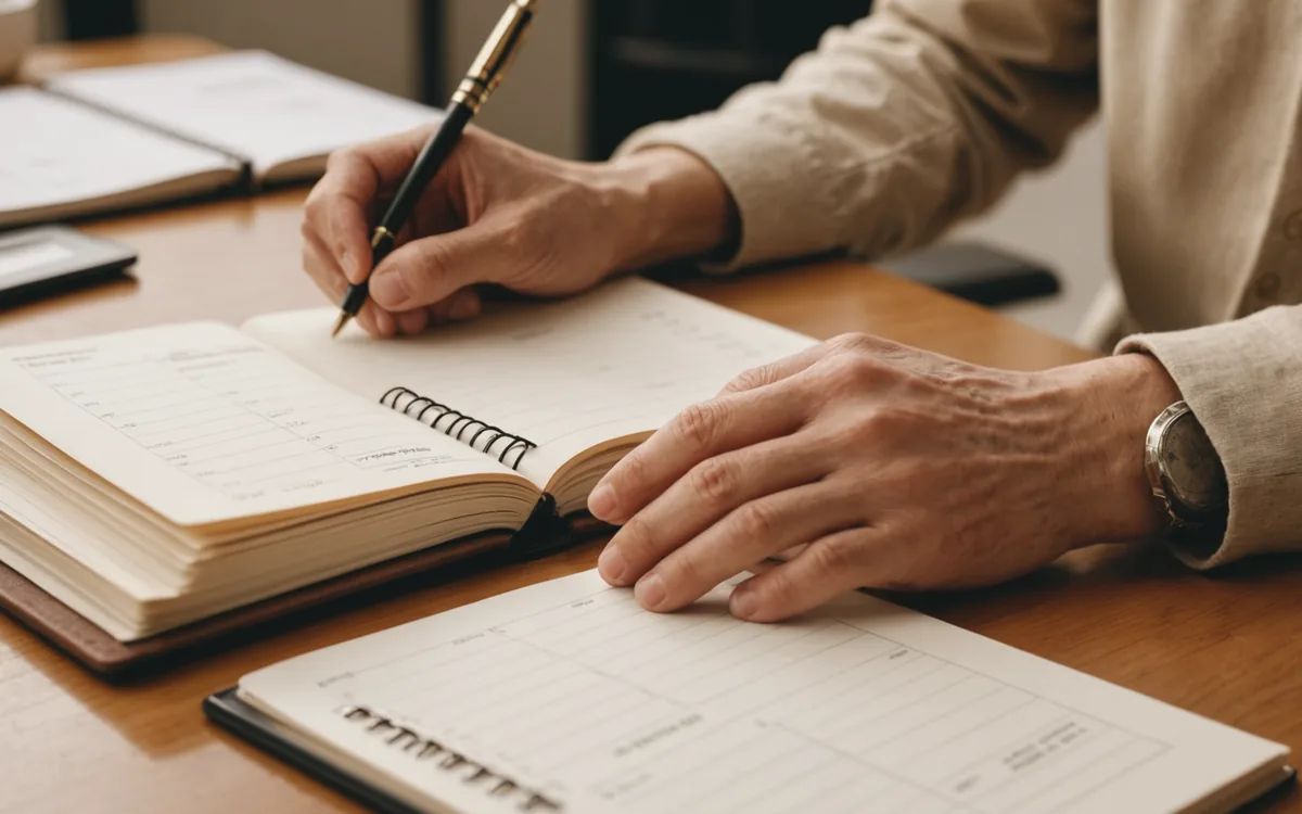 Hands holding a packed paper planner, thoughtful posture