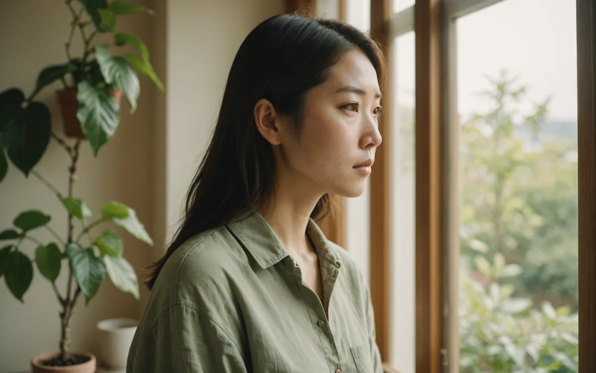 Person looking out a window with thoughtful expression, soft warm light