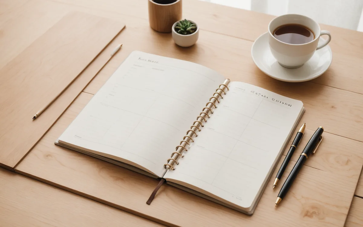 Calendar and notebook open on a desk, soft natural light, planning moment