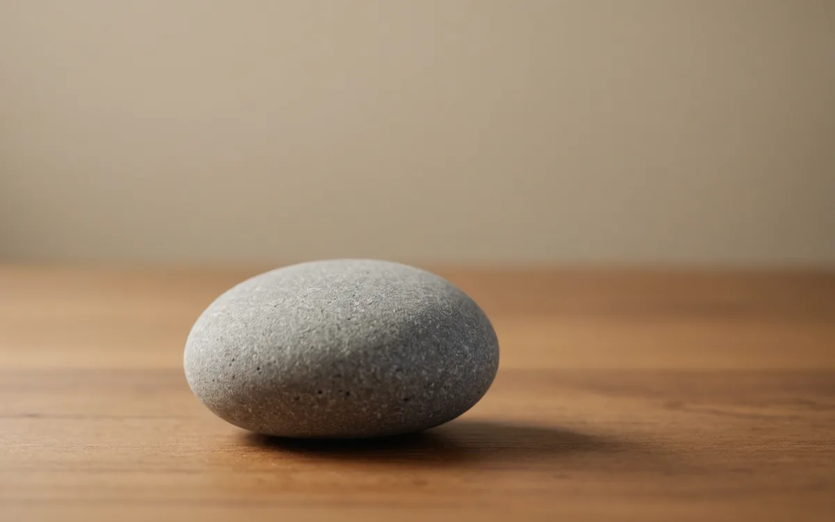 Single stone on a wooden surface, minimal composition, warm light