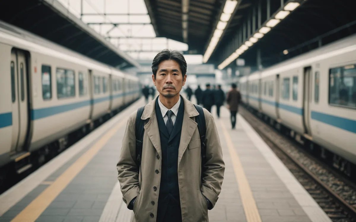 Tokyo commuter scene, tired expression, morning train platform