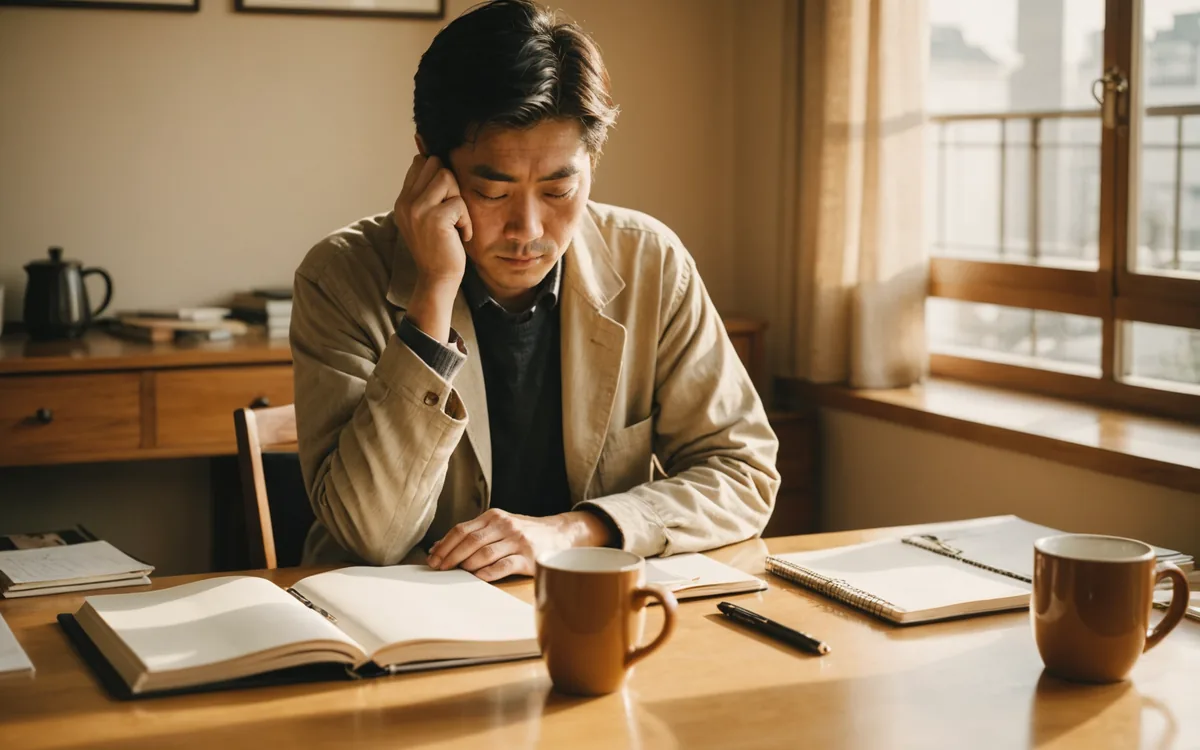 Person pausing at a morning desk before a busy workday, warm light